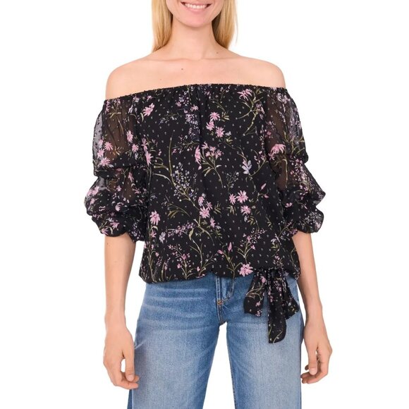 CeCe Floral Off-The-Shoulder Lantern Sleeve Black Top W/ Textured Floral Print & - Picture 1 of 8